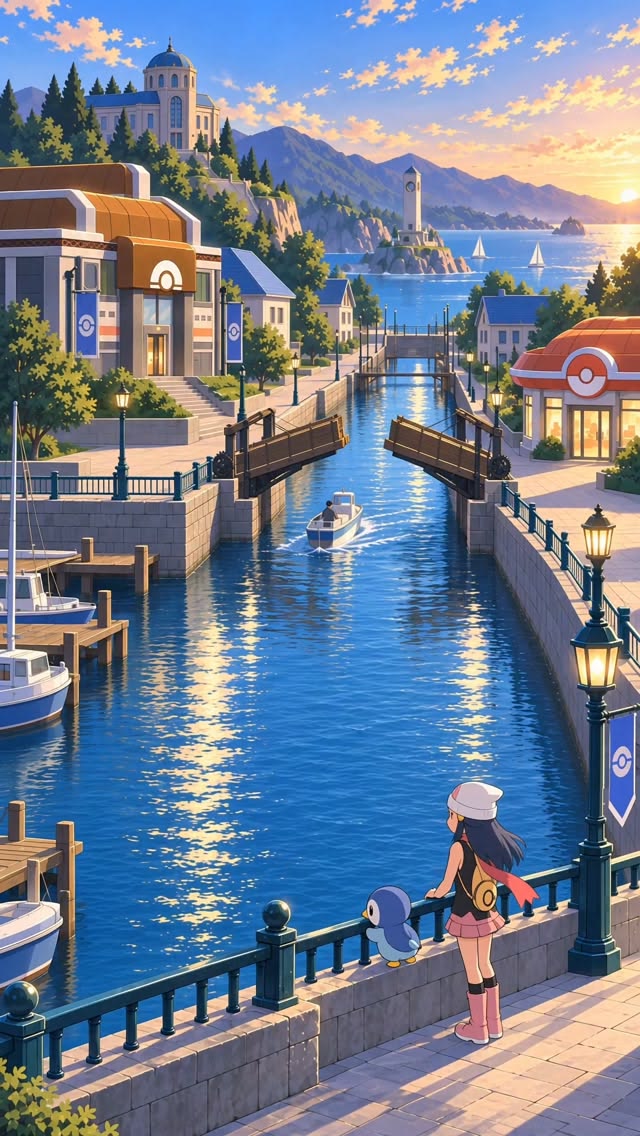 Treinadora e Piplup observando os canais ao pôr do sol