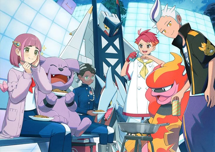 Treinadores e Pokémon reunidos para uma refeição