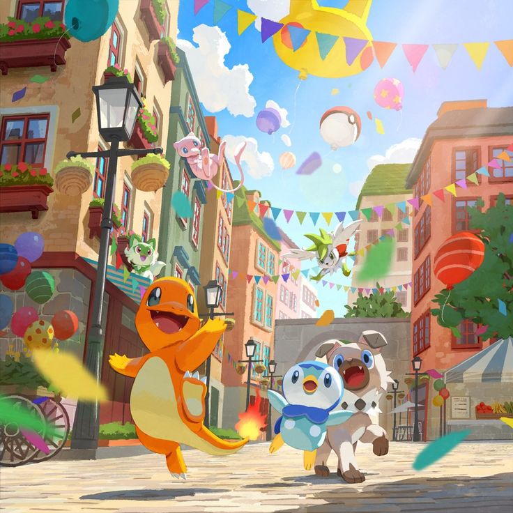 Charmander, Piplup e Rockruff em uma rua festiva