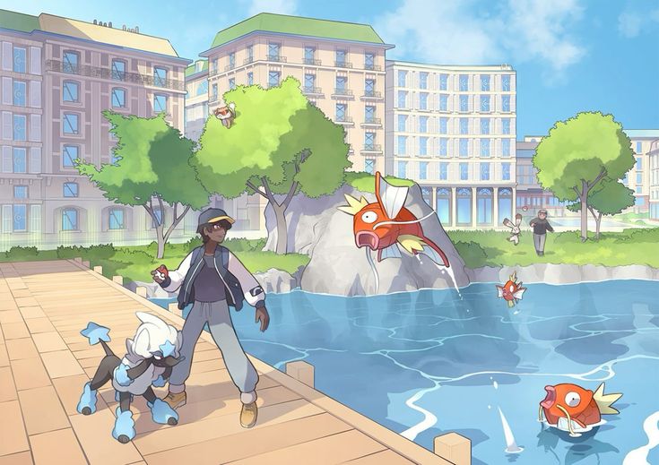 Treinador e Pokémon junto a um lago com Magikarp