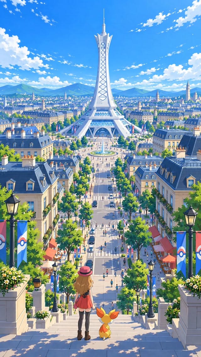 Treinadora e Fennekin diante da torre de Lumiose