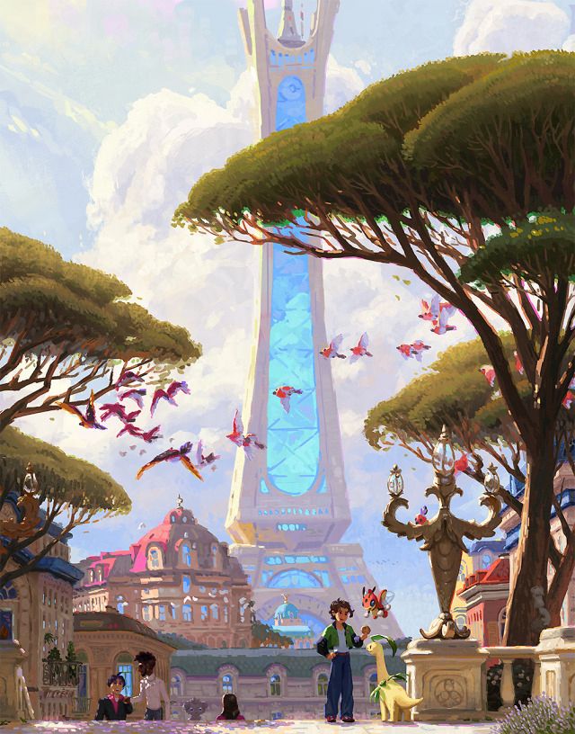 Treinadores e Pokémon em uma praça arborizada de Lumiose