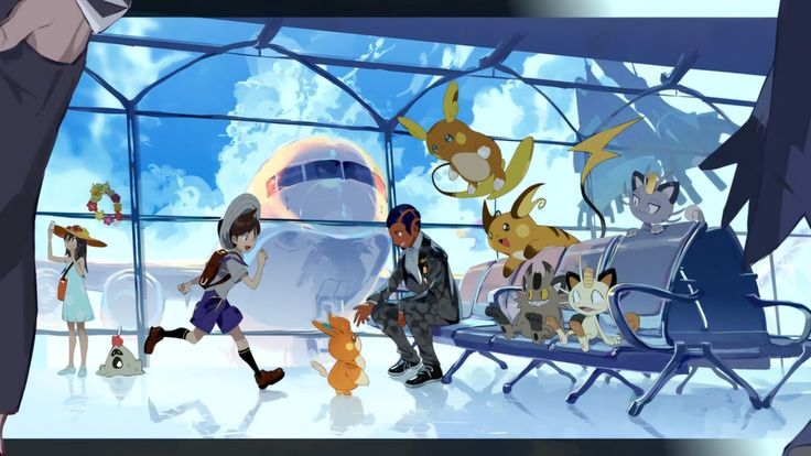 Treinadores e Pokémon em um terminal de viagem